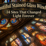 Stained glass window depicting colorful religious scenes in a cathedral.