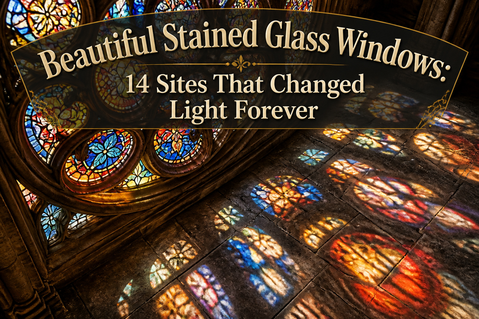 Stained glass window depicting colorful religious scenes in a cathedral.