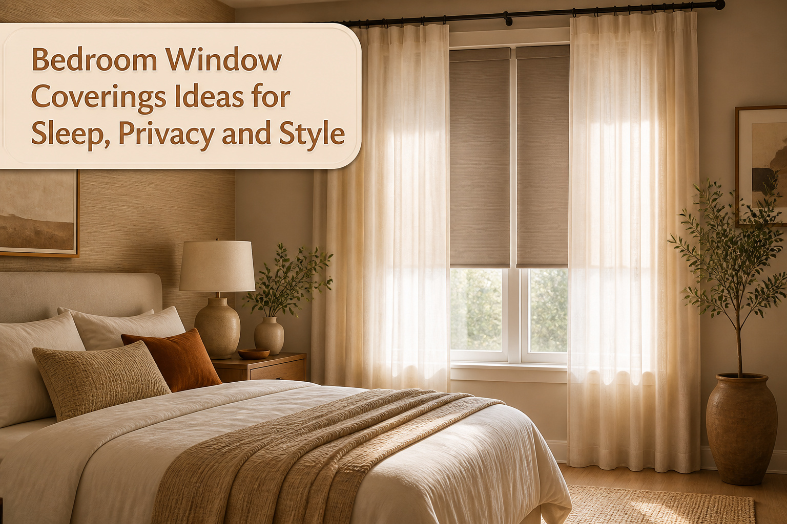 A bedroom showcasing different styles of window coverings.