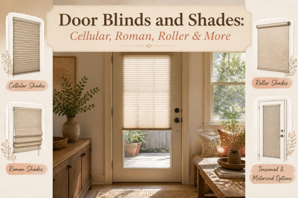 Different types of door blinds and shades displayed in a home setting.