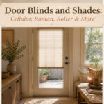 Different types of door blinds and shades displayed in a home setting.