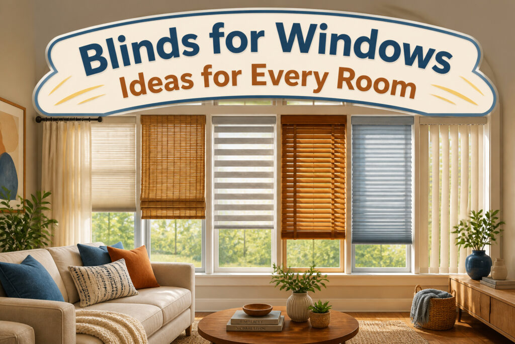 A stylish room with various window blinds ideas showcased.