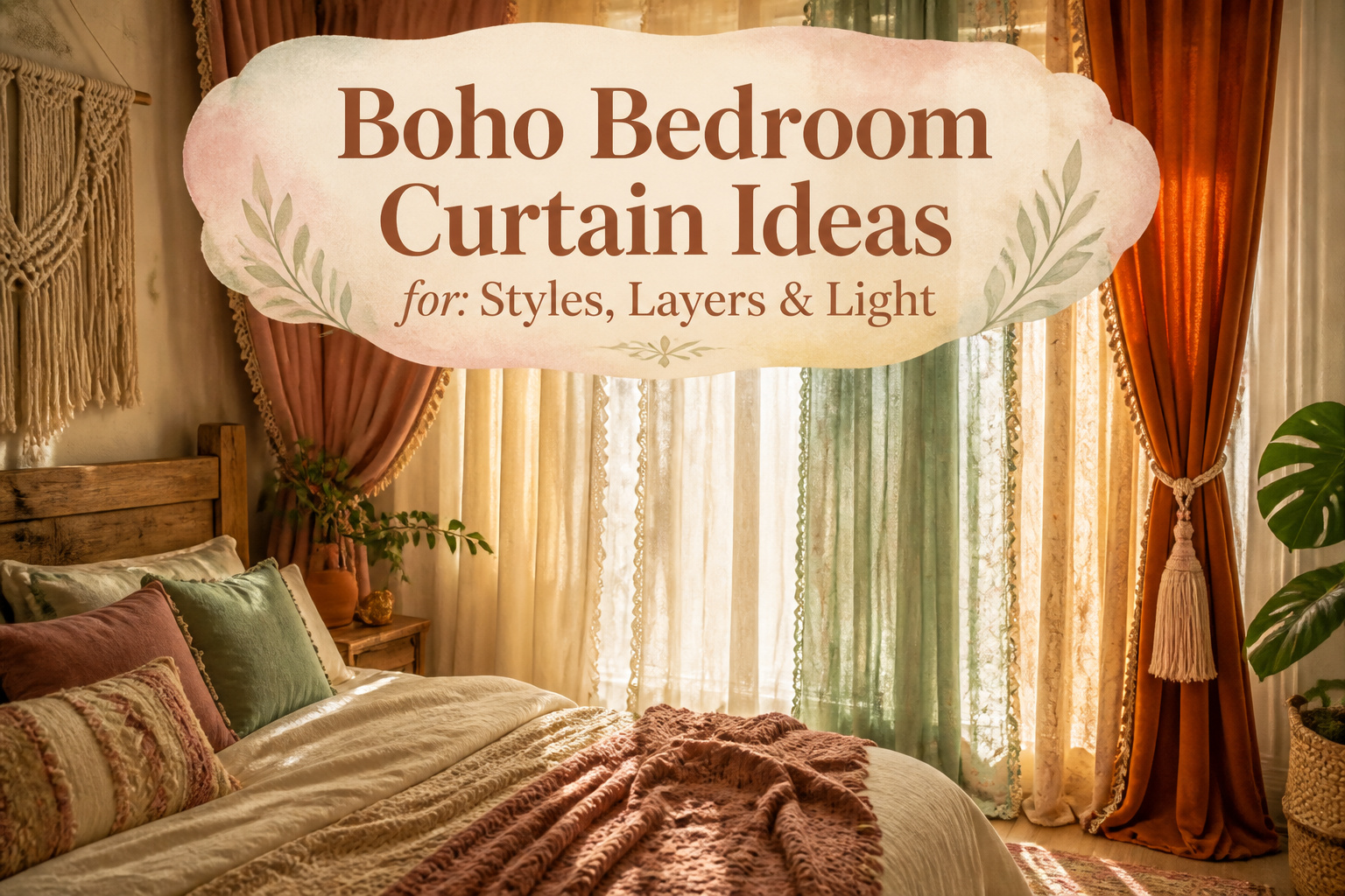A boho bedroom showcasing various curtain styles and colors.