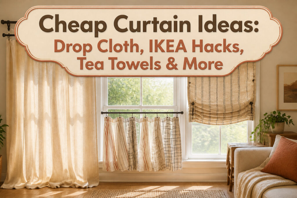A variety of DIY curtain ideas including drop cloths and tea towels.