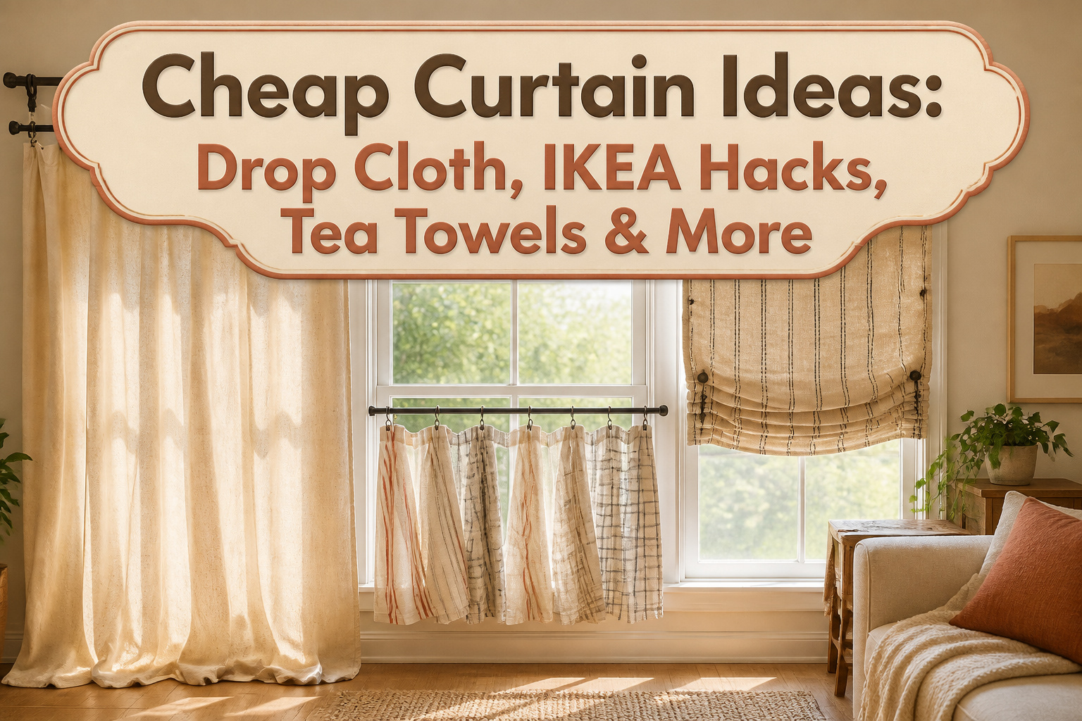 A variety of DIY curtain ideas including drop cloths and tea towels.
