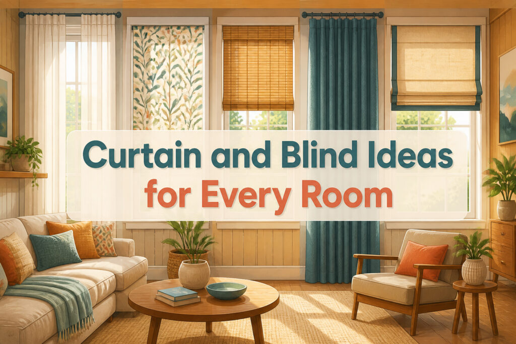 Living room with various window treatments and stylish decor.