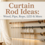 A collage of different curtain rod styles including wood, pipe, and rope.
