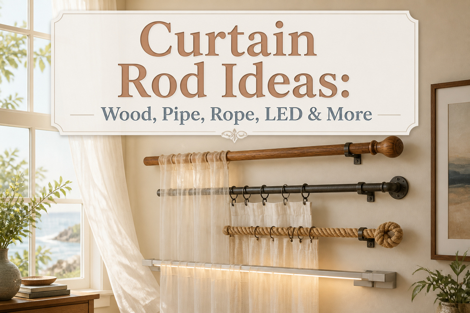 A collage of different curtain rod styles including wood, pipe, and rope.