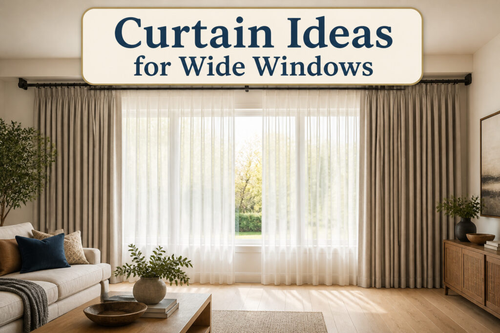 A wide window with various curtain styles showcasing light and design.
