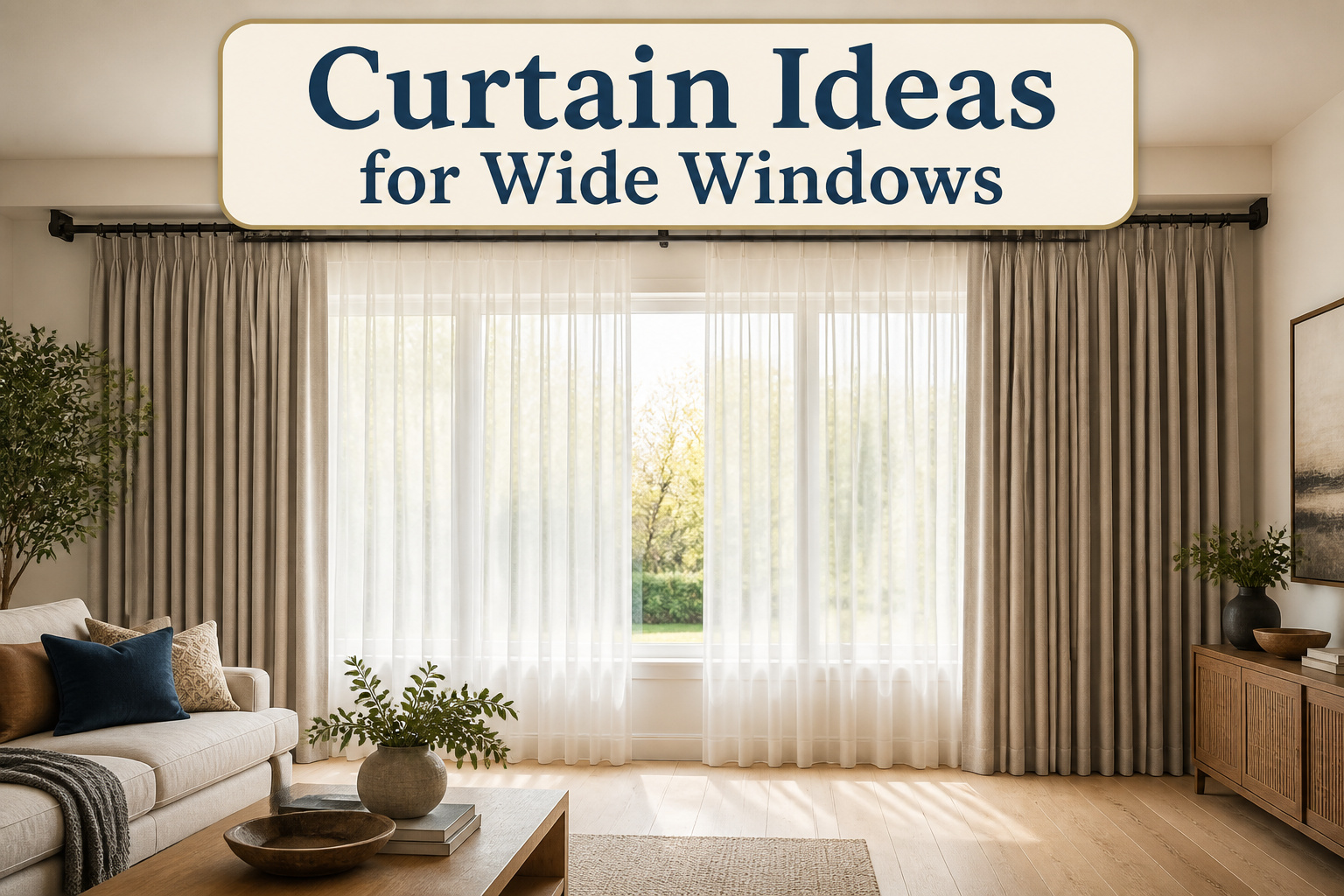 A wide window with various curtain styles showcasing light and design.
