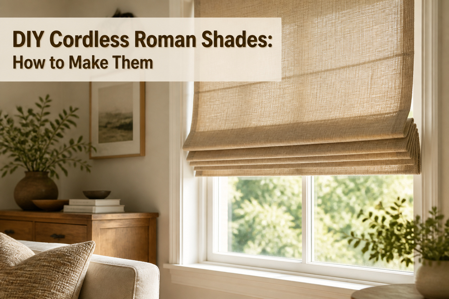 A well-lit room with cordless Roman shades installed at a window.