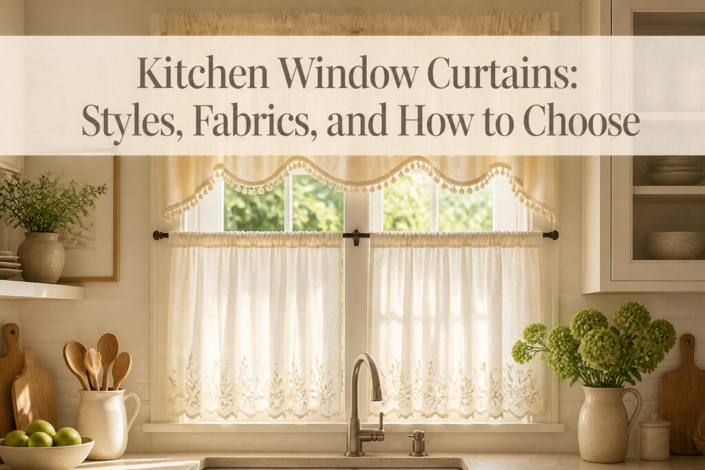 A kitchen with various styles of curtains displayed on the windows.