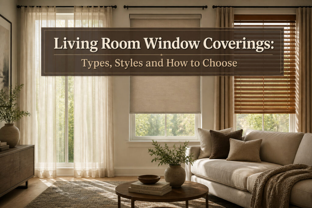 Different styles of window coverings displayed in a living room setting.
