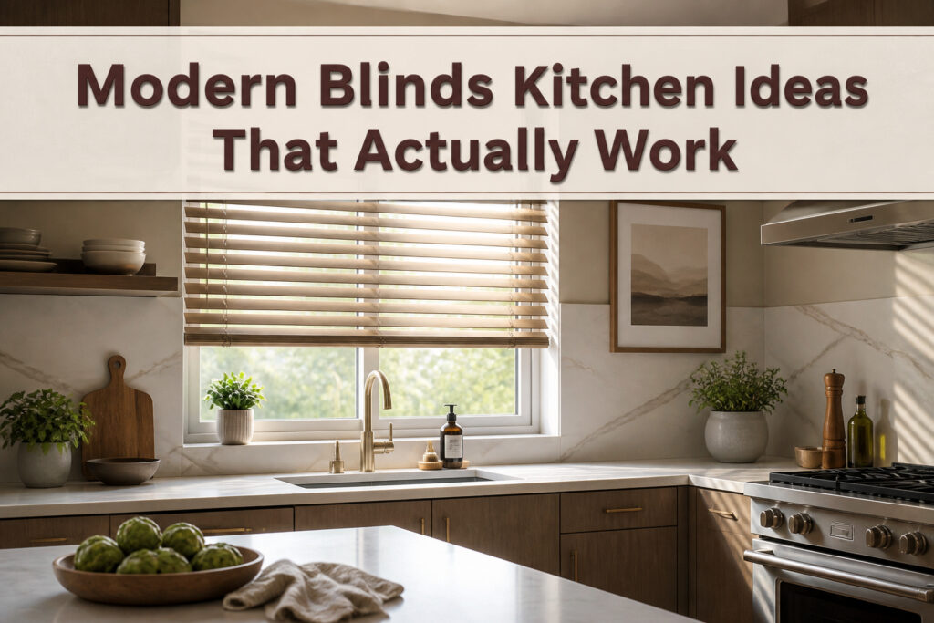 A modern kitchen featuring different types of stylish blinds.