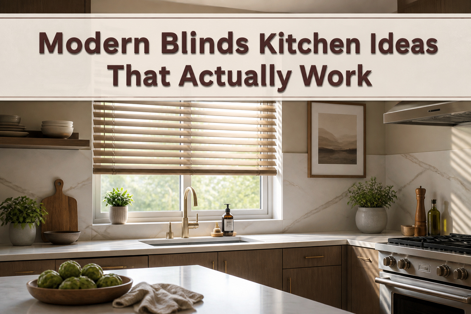 A modern kitchen featuring different types of stylish blinds.