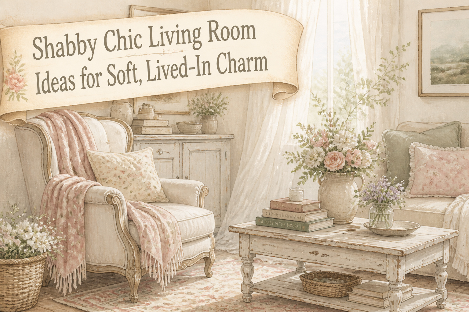 A shabby chic living room with soft colors, vintage furniture, and floral patterns.