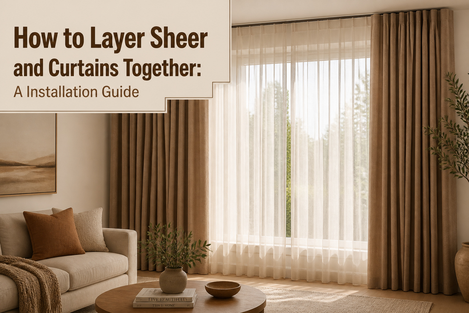 Layered window treatment featuring sheer and drapery fabrics.