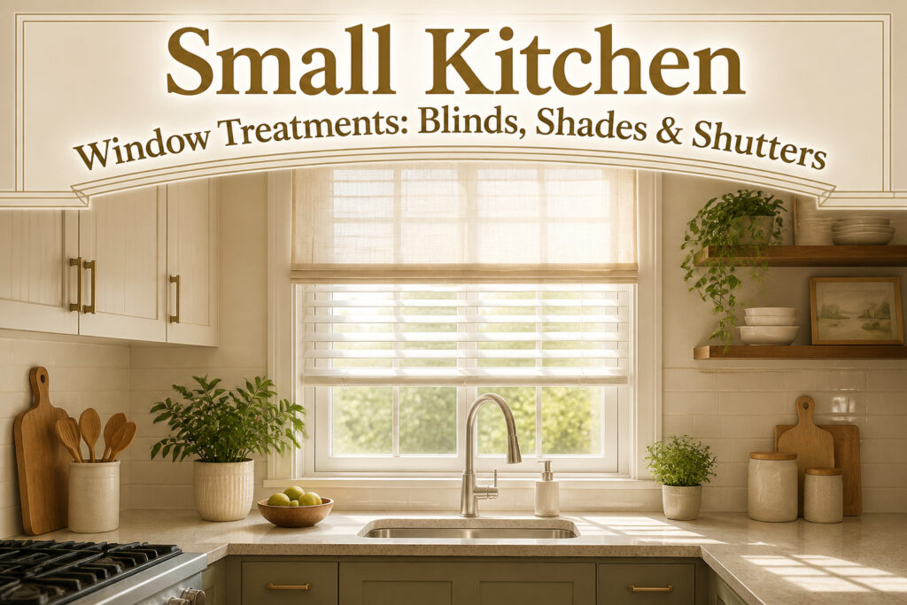 Various small kitchen window treatments including blinds, shades, and shutters.