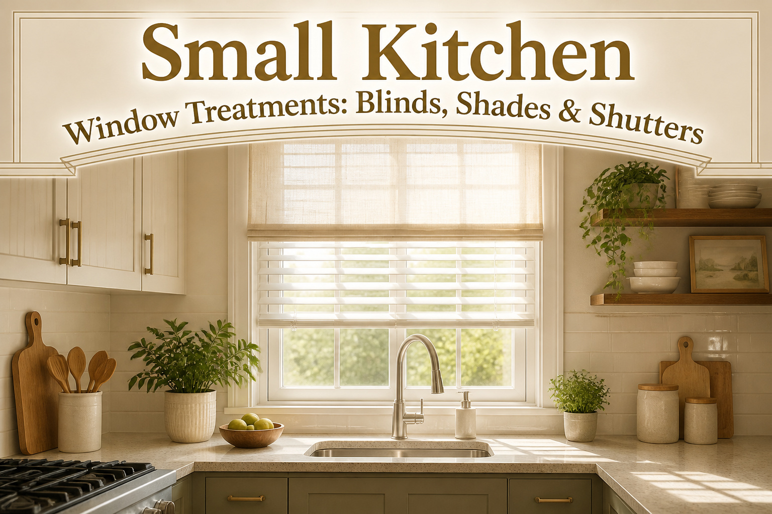 Various small kitchen window treatments including blinds, shades, and shutters.
