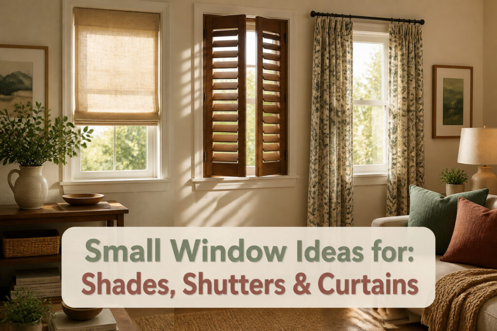 Small window featuring a variety of shades, shutters, and curtains.