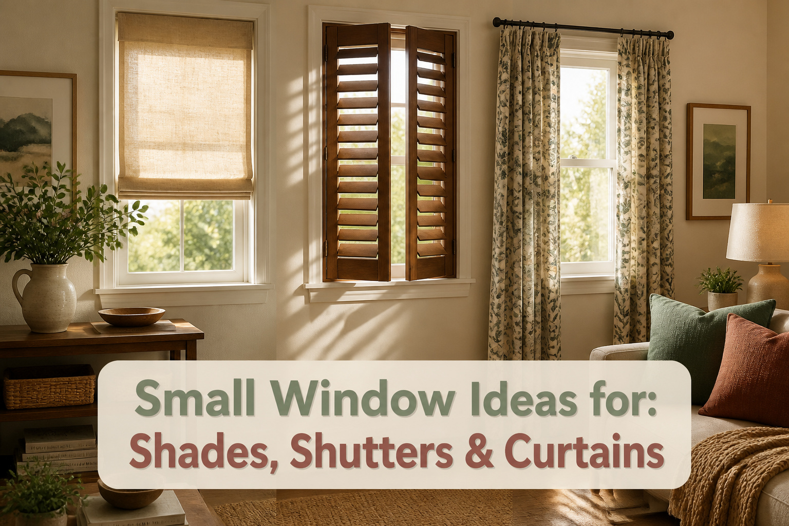 Small window featuring a variety of shades, shutters, and curtains.