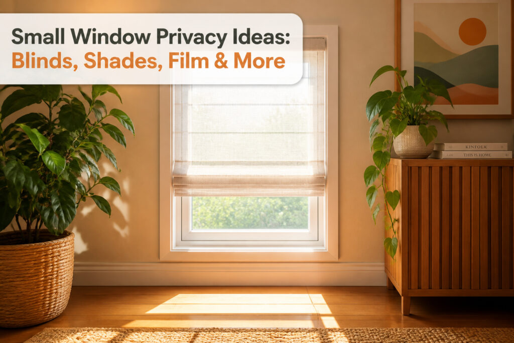 Various window treatments showcasing small window privacy ideas.