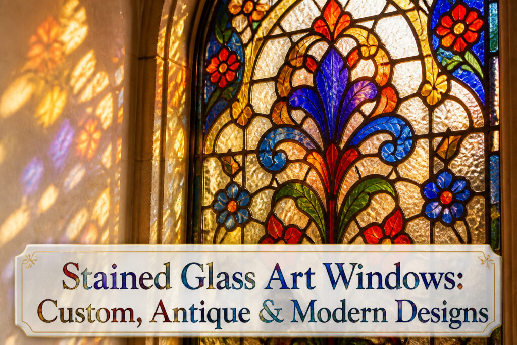 A stained glass window featuring vivid colors and patterns in a cozy room.