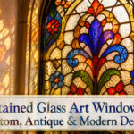 A stained glass window featuring vivid colors and patterns in a cozy room.