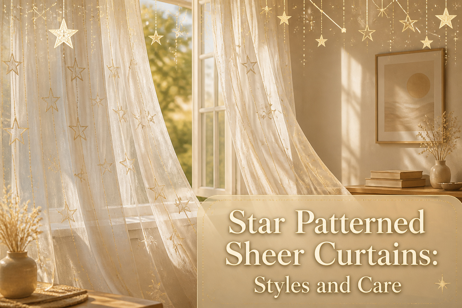 A collection of star patterned sheer curtains in various styles and colors.