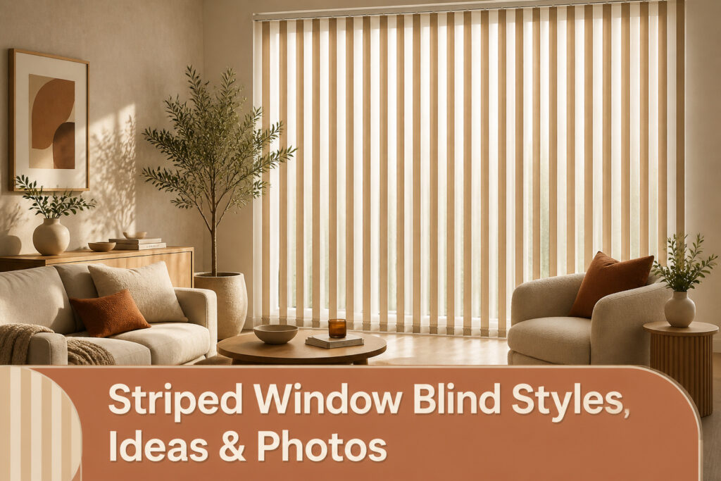 Various striped window blinds displayed in different home settings.