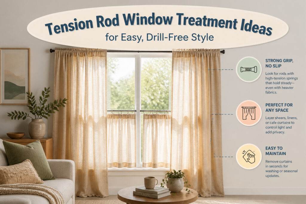 Different styles of tension rods and curtains displayed together.