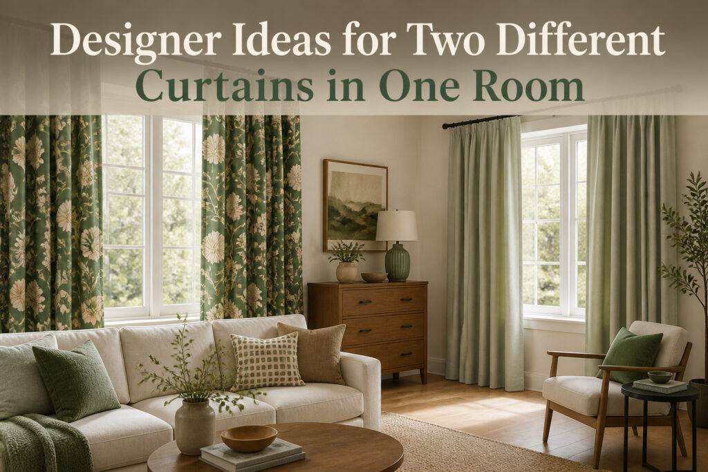 A room with two distinct curtain styles, showcasing design diversity.