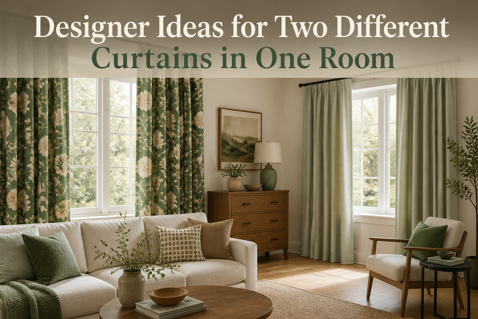 A room with two distinct curtain styles, showcasing design diversity.