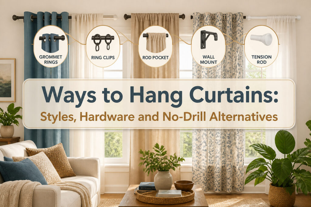 A collage of different curtain styles and hanging methods.