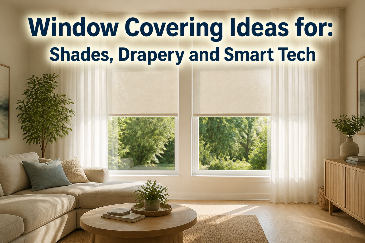 A modern living room with various window coverings and decor.