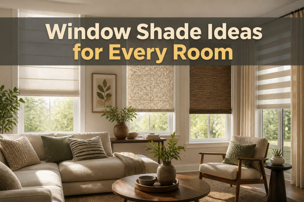 A bright room showcasing different types of window shades.