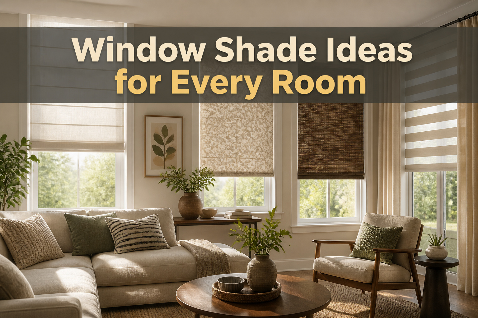 A bright room showcasing different types of window shades.