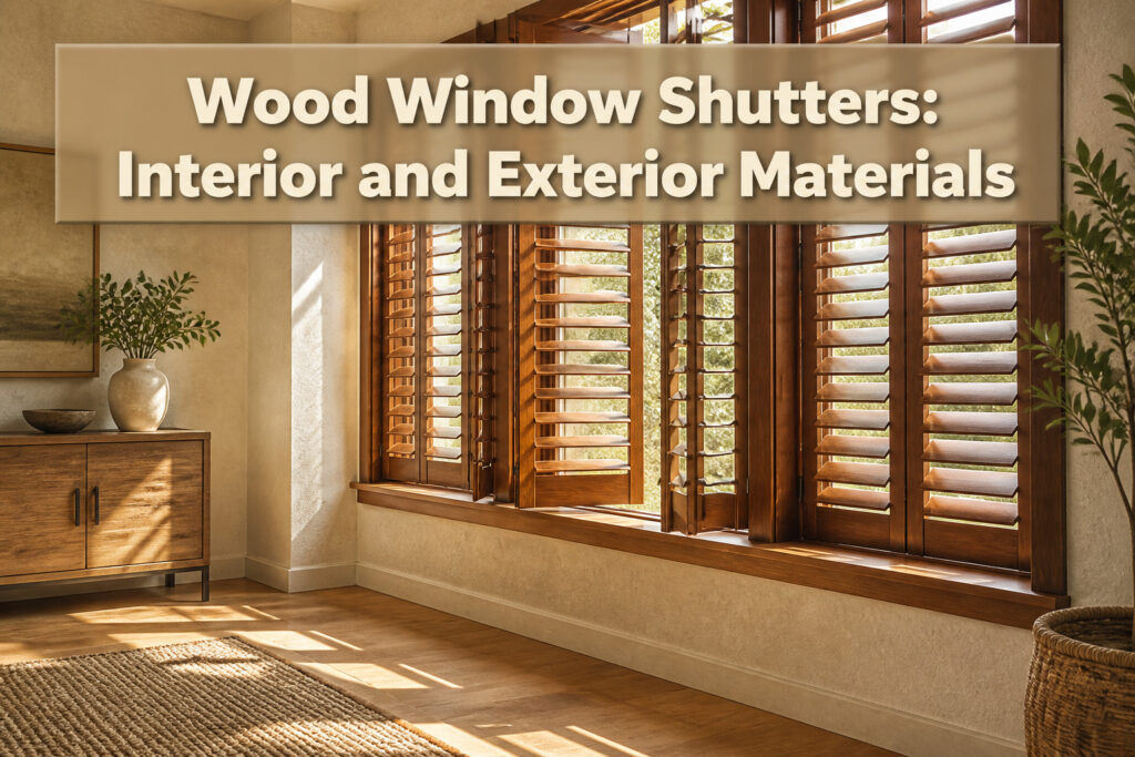 Different styles and materials of wood window shutters in a home setting.
