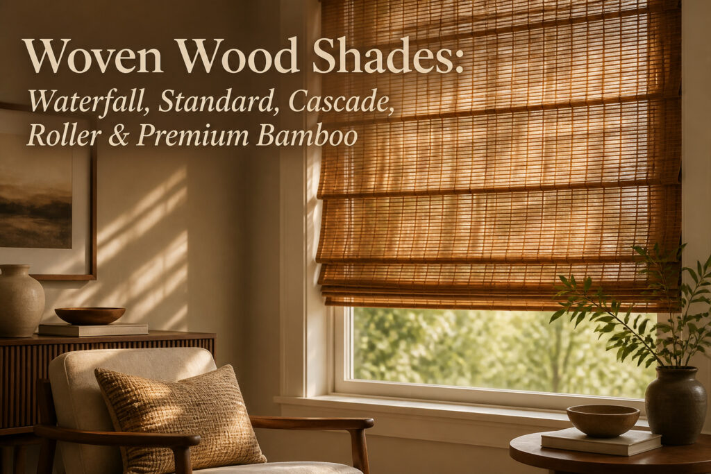 Close-up of woven wood shades made from bamboo, jute, and grasses.