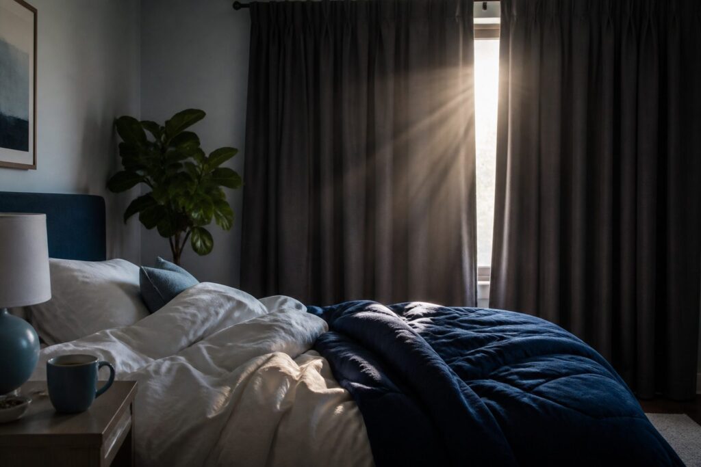 Dimly lit bedroom with sunlight struggling to enter through curtains