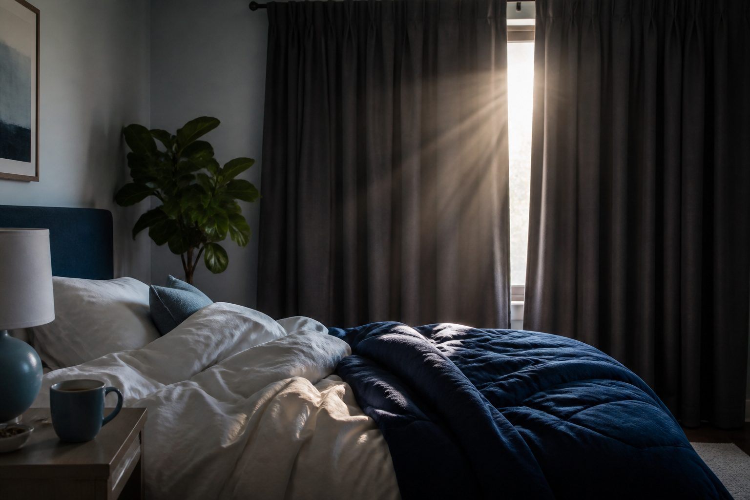 Dimly lit bedroom with sunlight struggling to enter through curtains