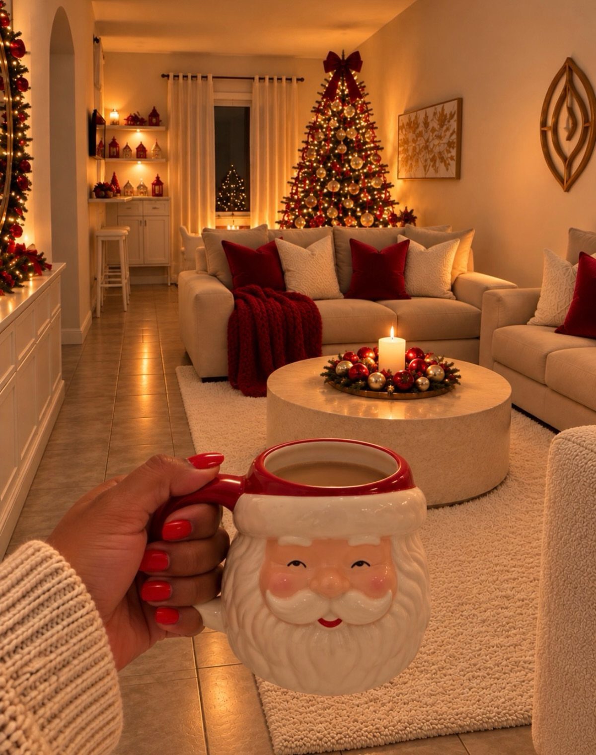 A hand holding a Santa Claus mug in a cozy, decorated living room with a Christmas tree.