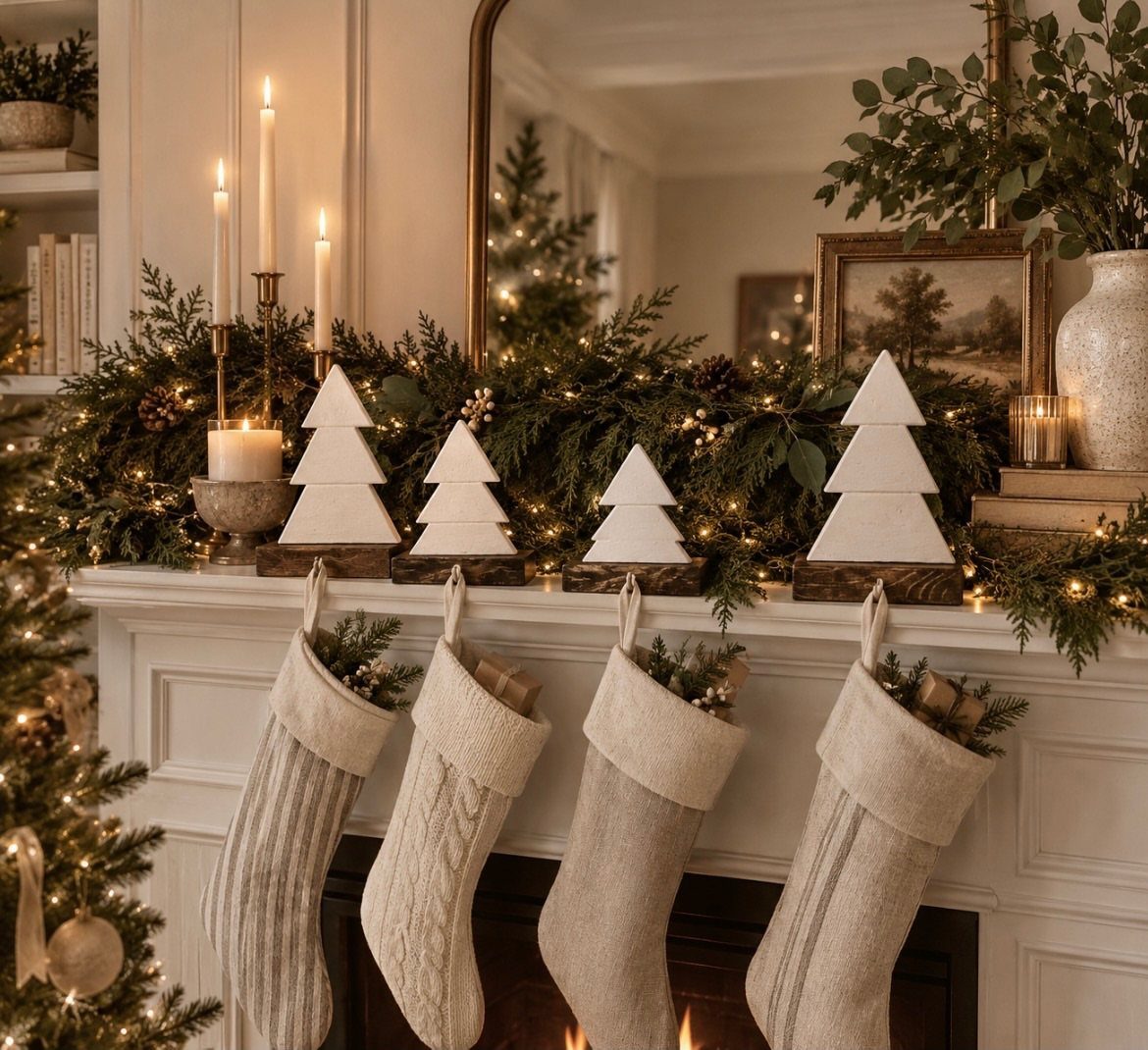 Cream knit stockings hanging from a white mantel decorated with evergreen garland and candles.