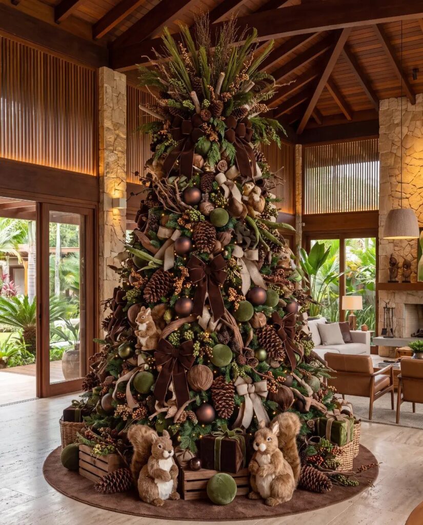 A large Christmas tree decorated with woodland animals, pinecones, and brown ribbons in a rustic room.