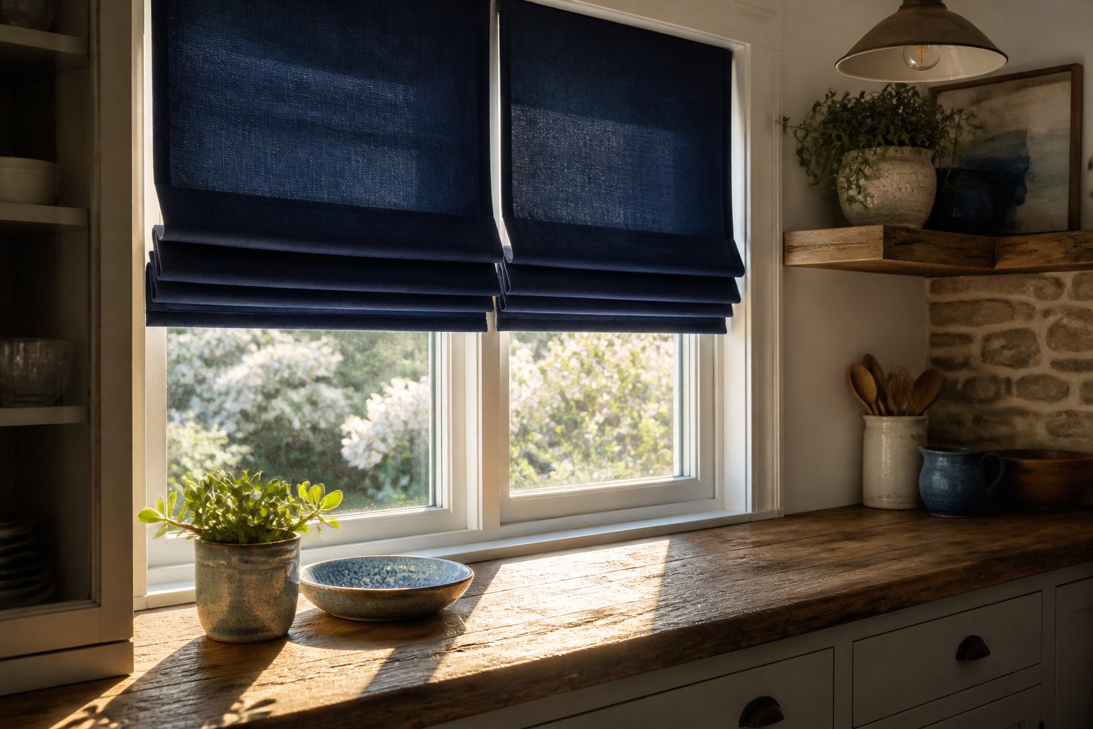 A living room with custom fabric shades, showcasing their design and texture.