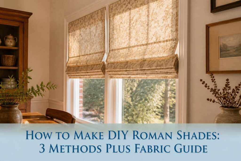 A well-lit workspace with tools and fabric for DIY Roman shades.