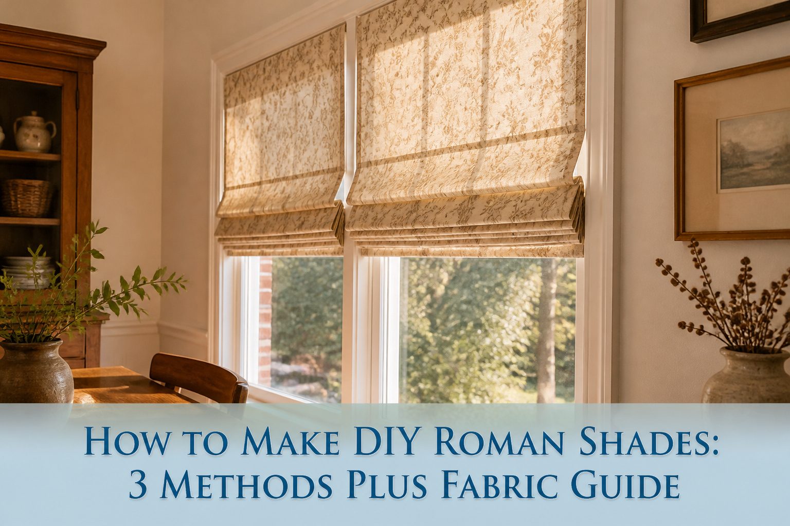 A well-lit workspace with tools and fabric for DIY Roman shades.