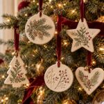 White ceramic Christmas ornaments with pine designs hanging on a decorated tree.