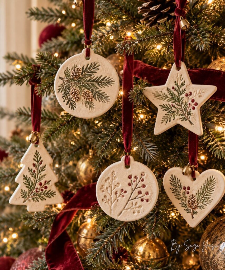 White ceramic Christmas ornaments with pine designs hanging on a decorated tree.
