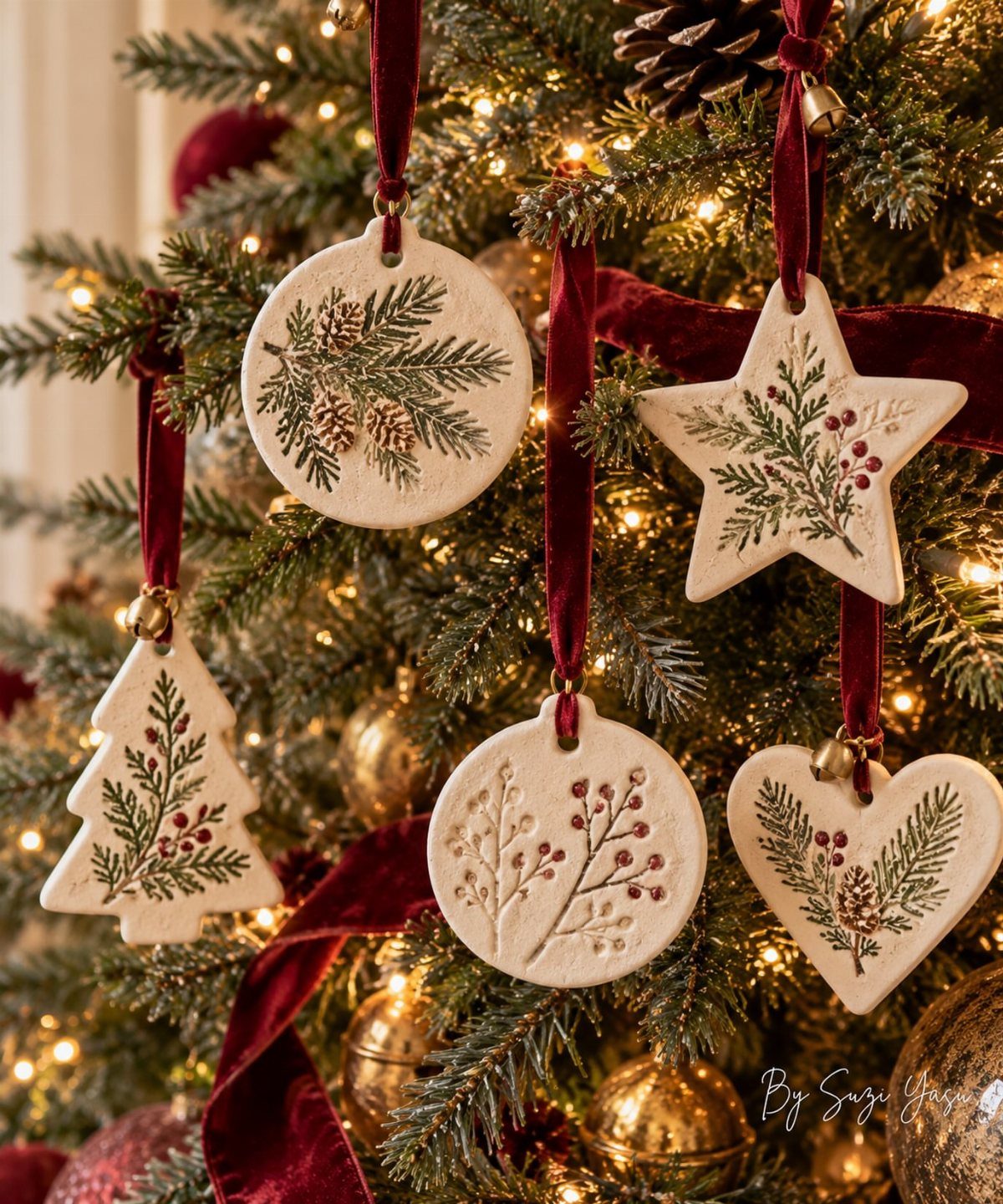 White ceramic Christmas ornaments with pine designs hanging on a decorated tree.